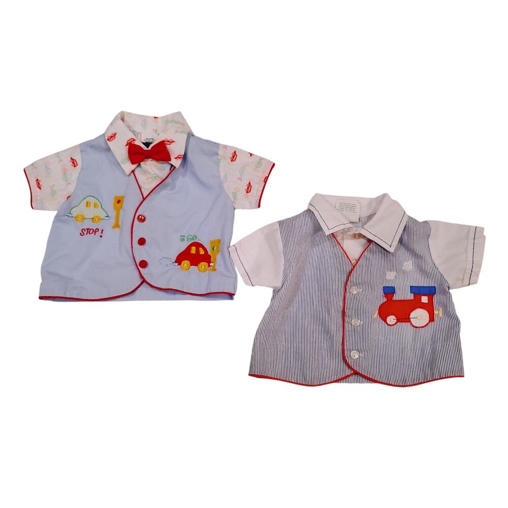 Vintage Baby Infant 0-6 Months Button Up Shirts Lot Embroidered Trains Cars Tie